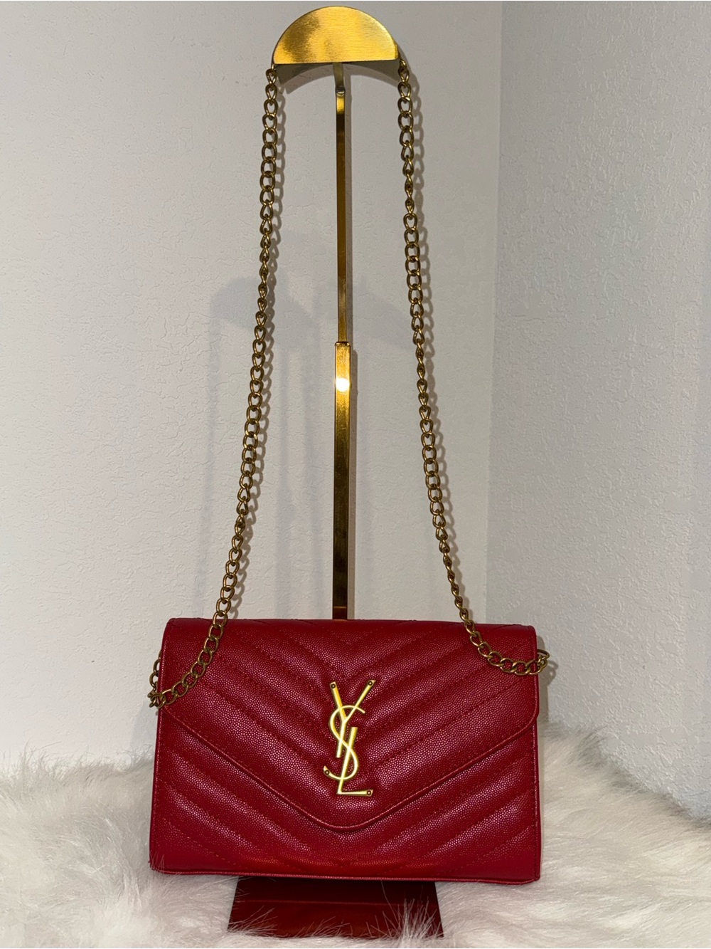 Saint Laurent Red Quilted Leather Chain Shoulder Bag with Gold Hardware